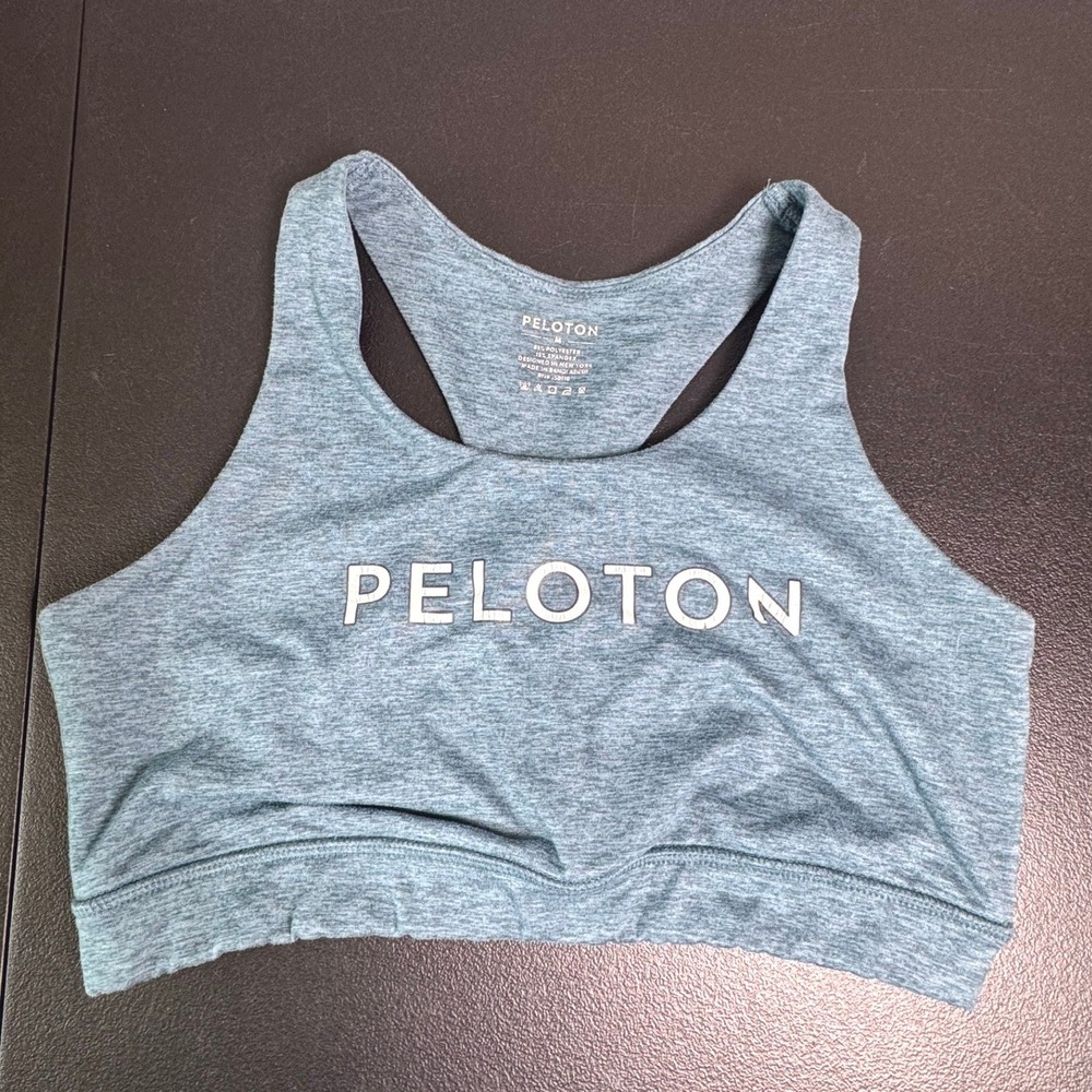 Peloton Womens Racerback Sports Bra Medium Heathered Teal Strappy Back Logo
